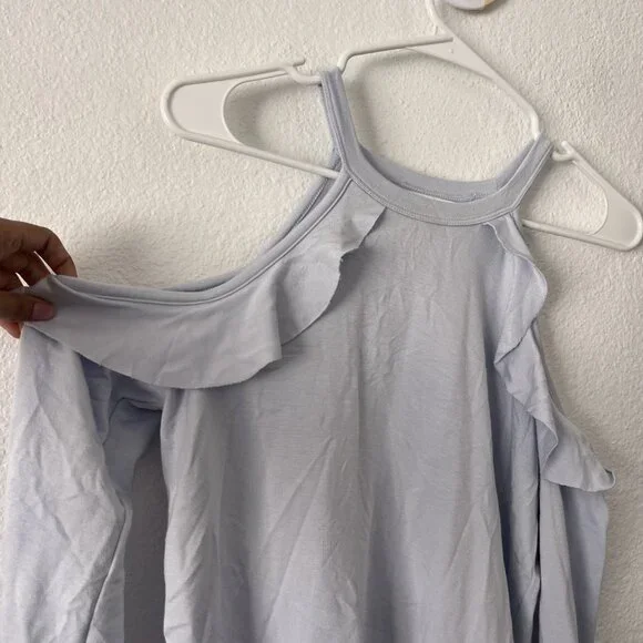 Beyond Yoga Blue Modal/Spandex Frill Seeker Cold Shoulder Top Size XS Ruffle - Picture 2 of 6